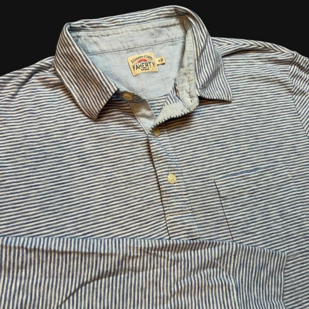 Faherty blue white striped long sleeve preppy casual polo shirt Medium